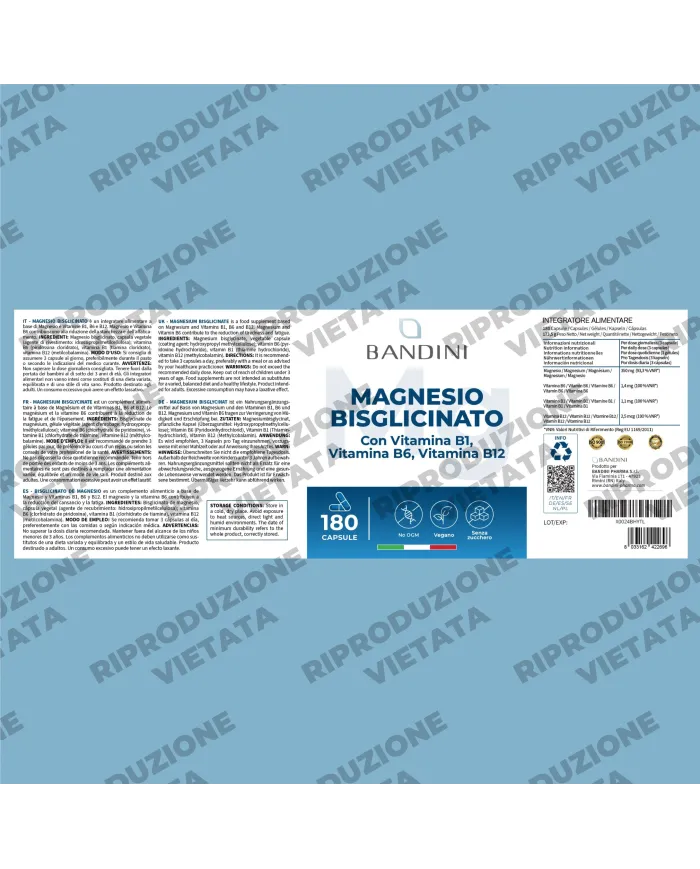 Magnesio Bisglicinato 180 capsule | Con vitamine B1, B6 e B12