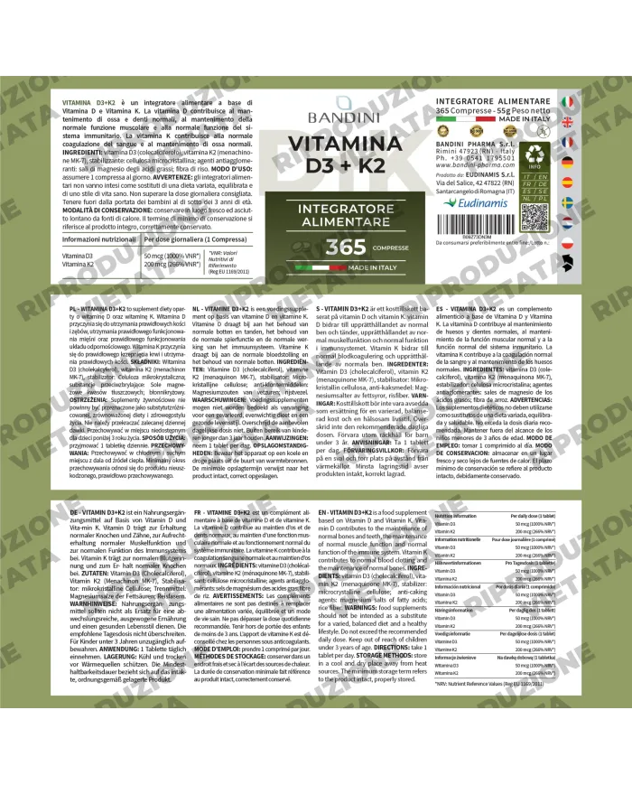 Vitamina D3 e K2 - 365 compresse per le Ossa ed i Denti
