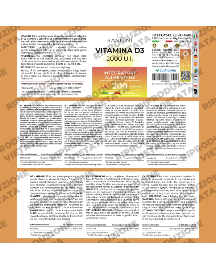 Vitamina D3 2000 U.I. 200 Compresse (6 Mesi) - Per Ossa & Denti