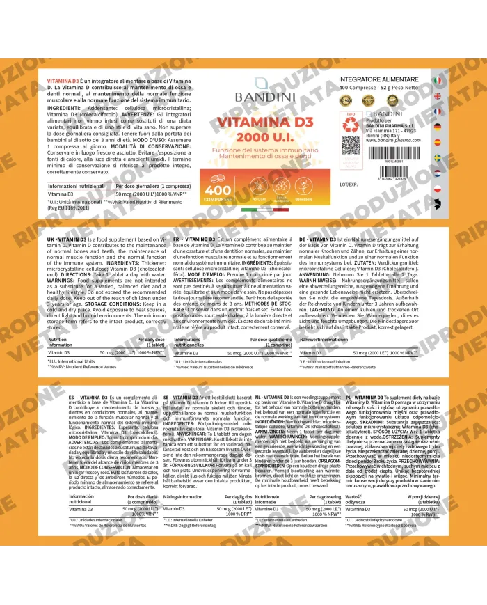 Vitamina D3 2000 U.I. 400 Compresse (1 anno) - Per Ossa & Denti